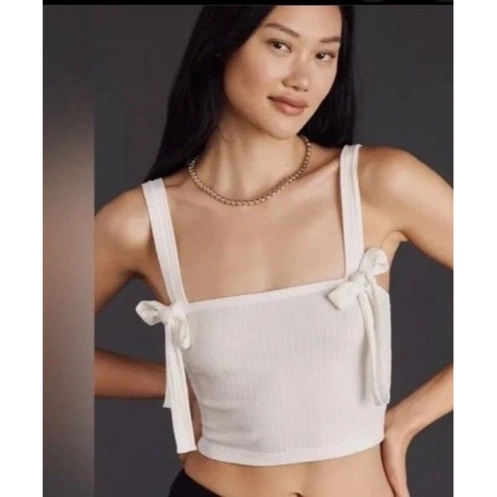 Anthropologie Ribbed Bow Knit Tank Top White Cropped Sz XS NEW Boho Beach Staple